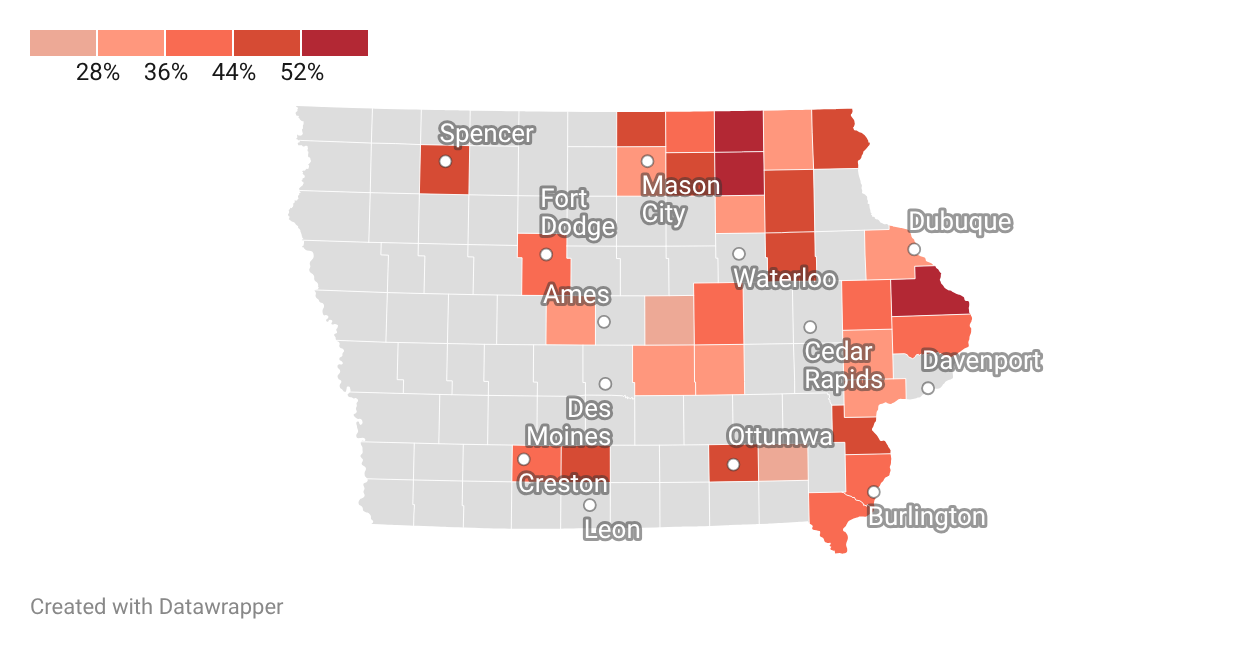 Iowa Pivot County Margins, Presidential Vote Swing from 2008 to 2024 | Created with Datawrapper